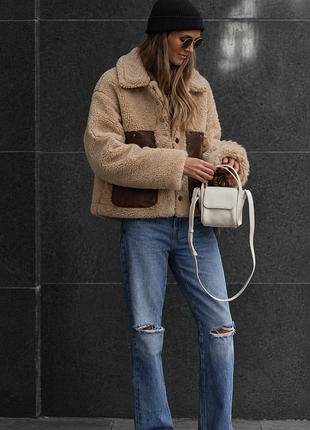 Зимняя куртка zara под мех овчина с карманами экокожа молочная м, л размеры