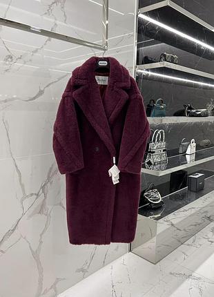 Жіноча шуба-пальто max mara teddy бордова з альпаки та шовку