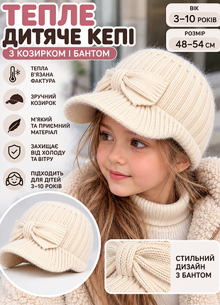 🤍 теплая детская вязаная шапка - кепка с козырьком и бантом