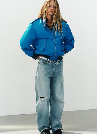 Куртка-бомбер женская синяя оверсайз с хлястиками zara new
