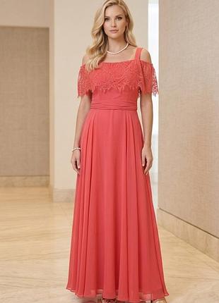 Сукня-максі довга вечірня fashion new york з мереживом насиченого коралово-червоного кольору