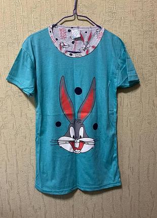 Яскрава бірюзова футболка з принтом багз банні (bugs bunny / looney tunes)