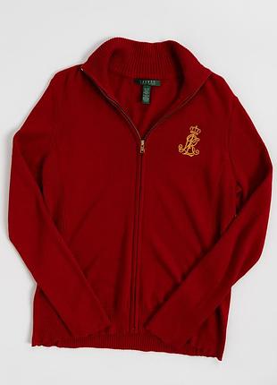 Стильний, жіночий, трикотажний кардиган ralph lauren насиченого, червоного кольору з фірмовою вишивкою у золотистому кольорі. модель має високий