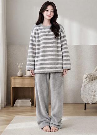 Комплект женской пижамы lesko stripes серый 2xl рубашка с длинным рукавом и штанами для дома теплый флисовый