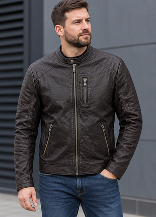 Jack &amp; jones р. s коричневая куртка потерта под винтаж кожаный мужской стиль байкерская бомбер натуральная кожа осенняя кожака коричневого цвета