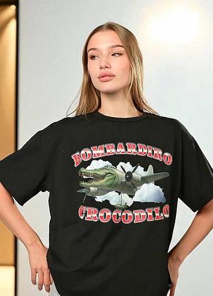 Футболка бомбардира крокодилла bombardiro crocodilo, футболка женская черная с смешным мемом