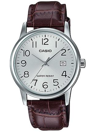Мужские часы casio mtp-v002l-7b2 кожаный ремешок серебристый циферблат