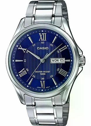 Чоловічий годинник casio mtp-1384d-2a сталевий браслет синій циферблат