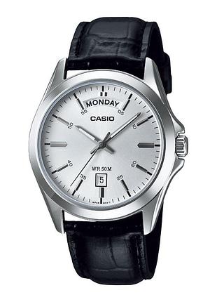 Мужские часы casio mtp-1370l-7a кожаный ремешок серебристый циферблат