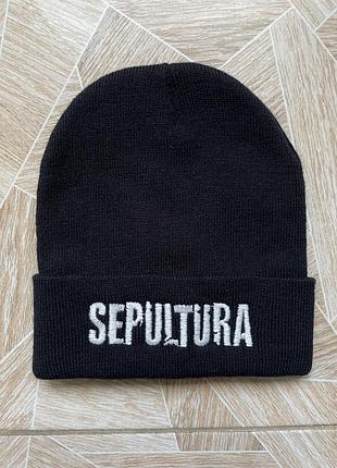 Шапка retro vintage 90s y2k sepultura logo metal band beanie hat black merchandise