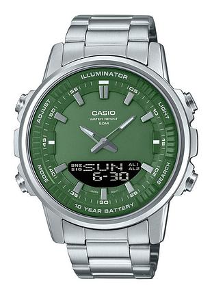 Мужские часы casio amw-880d-3a стальной браслет зелёный циферблат