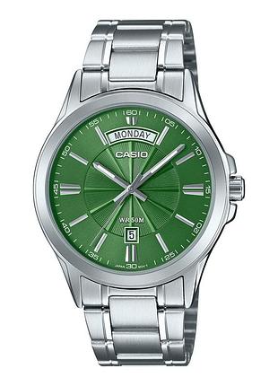 Чоловічий годинник casio mtp-1381d-3a сталевий браслет зелений циферблат