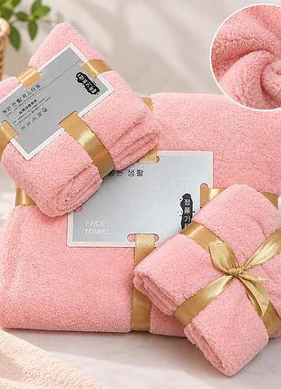 Комплект полотенец из микрофибры 3 шт розовый home textile, банные полотенца для лица и тела