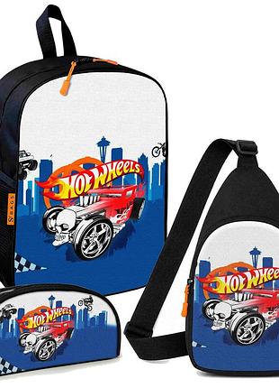 Набір hot wheels 3 в 1: дитячий рюкзак + сумка-слінг + пенал, для хлопчика та дівчинки 7–9 років (6269)