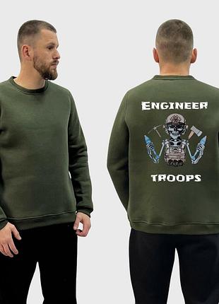 Мужской свитшот на флисе с принтом engineer troops скелет с минами трезубец флаг украины, хаки