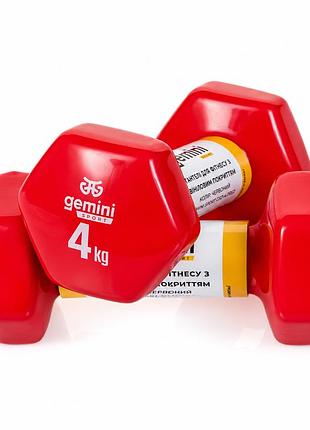 Гантелі для фітнесу gemini sport з вініловим покриттям 2×4 кг gsd-4.0red