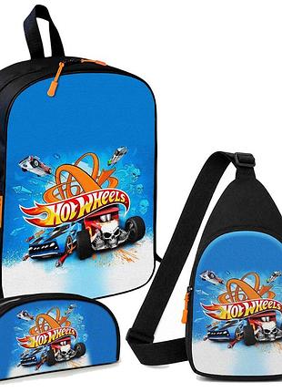 Набор hot wheels 3 в 1: детский рюкзак + сумка-слинг + пенал, для мальчика и девочки 7–9 лет (6268)