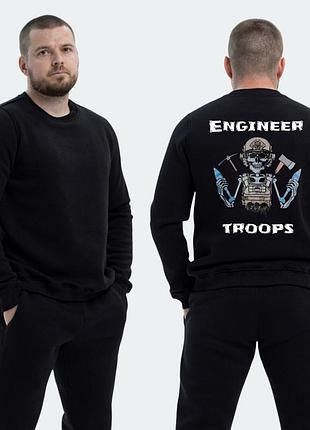 Мужской свитшот на флисе с принтом engineer troops скелет с минами трезубец флаг украины, черный
