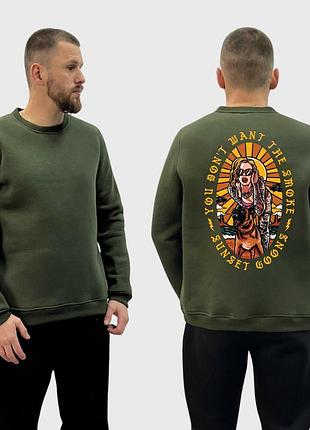 Чоловічий світшот на флісі з принтом sunset goons дівчина та собака не хочеш палити, хакі