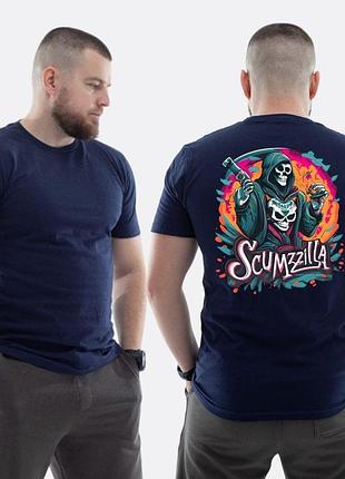 Мужская классическая футболка с принтом scumzilla скелет в балахоне цветной арт, темно-синяя