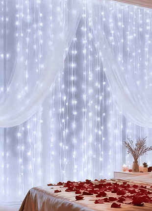 Светодиодная гирлянда-штора «капля росы», 300 led, 3×3 м, на батарейках, 8 режимов белый холодный