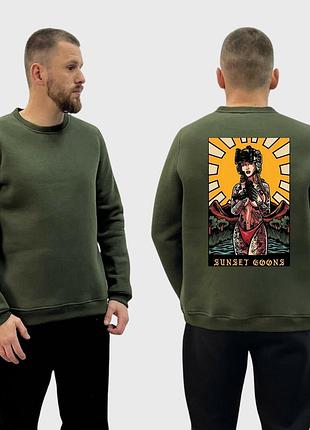 Мужской свитшот на флисе с принтом sunset goons девушка солнце полдень, хаки
