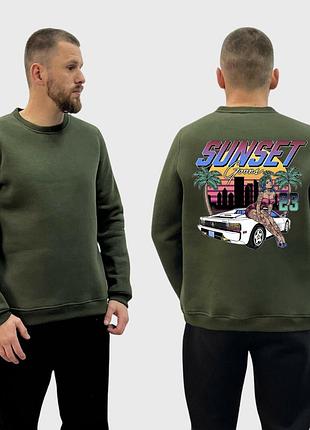 Мужской свитшот на флисе с принтом sunset goons девушка авто пальмы, хаки