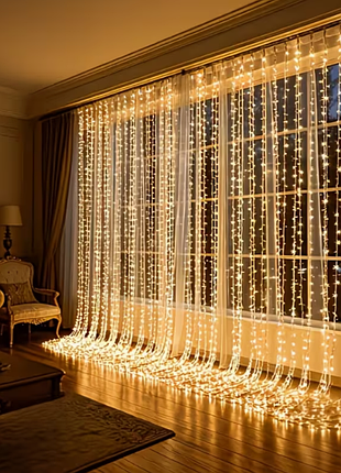 Світлодіодна гірлянда-штора «крапля роси», 600 led, 6×3 м, на батарейках, 8 режимів