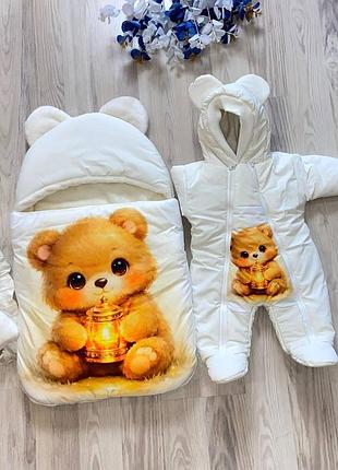 Зимний набор на выписку: конверт-спальник + комбинезон