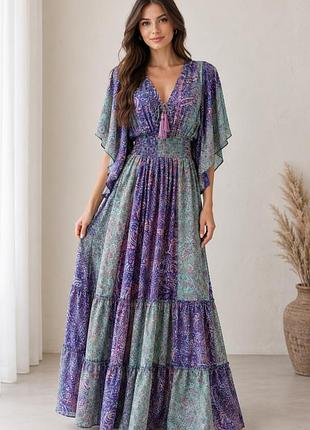 Плаття максі , сукня довга розкльошона ярусна з китицями art silk