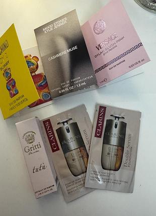 Пробники парфумів gritti tutu, kylie jenner cashmere muse, versace dylan purple та доглядової косметики clarins double serum