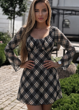 Сукня міні в клітинку чорна 🖤 сітчасті рукави ✨ primark 🔥 облягаюча з драпуванням m-l🖤 гарна жіноча сукня🖤 плаття