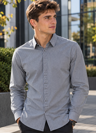 Практичная белая рубашка в синюю полоску hugo boss slim made in malaysia, 💯 оригинал