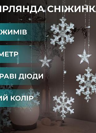 Гирлянда штора снежинки звездочки 108 led 9вт ip44 динамическая 12 фигур 50000 часов для окна стены фотозоны звезды белая