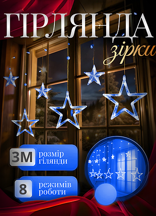 Гирлянда штора звезды 108 led динамическая занавес 220в 12 фигур светодиодная новогодняя для окна электрическая синяя