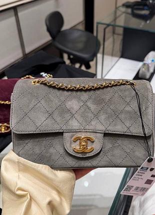 Сумка chanel сіра замша маленький розмір золота фурнітура
