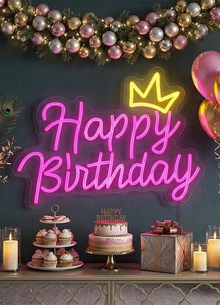 Світлодіодна (led) неонова вивіска "happy birthday", від usb, рожева, 38*28 см elisey