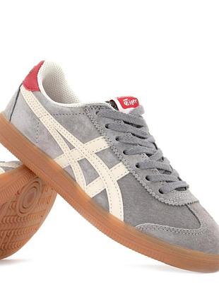 Кросівки onitsuka tiger сірі з червоним та бежевим, розміри 36-40, замша, текстиль