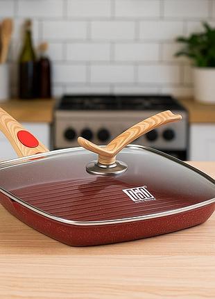Сковородка гриль mgc lugi 28×28 см квадратная алюминиевая с крышкой съемной ручкой, антипригарная сковорода керамика