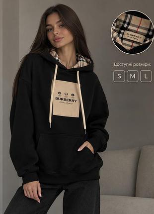 Чорне худі burberry з капюшоном у клітинку, оверсайз