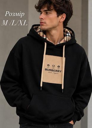 Худі burberry чорне оверсайз з капюшоном та фірмовою клітинкою