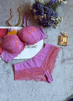 Роскошный комплект белья ann summers (бюстгальтер + трусики) в насыщенном сиреневом оттенке с контрастным оранжевым кружевом 90е размер хл