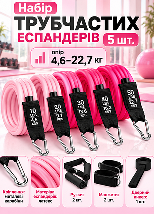 Набор трубчатых эспандеров apx 430, 5 шт., сопротивление 4,6–22,7 кг, суммарное сопротивление 68,2 кг, розовый