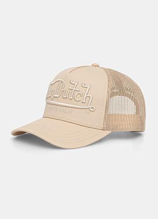 Культова кепка-тракер von dutch originals у монохромному бежевому кольорі з об'ємною вишивкою бренду цей бренд та стиль y2k (мода 2000-х)