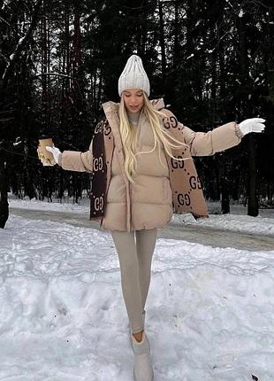 Жіночий зимовий пуховик оверсайз з капюшоном / бежева куртка дутик тепла