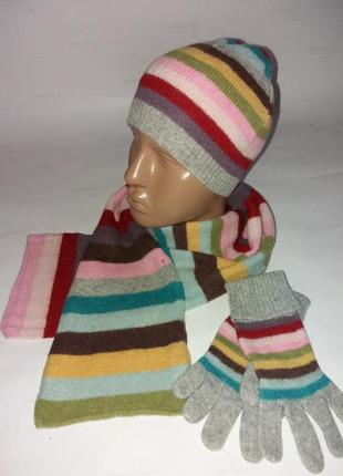 Яскравий вовняний комплект: шапка, шарф, рукавички1 фото