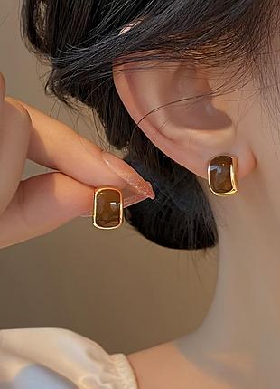 Серьги коричневые пусеты с золотистым обрамлением минималистичные прямоугольные