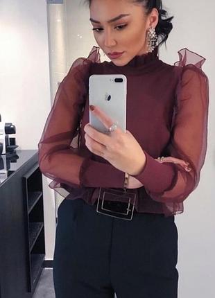 Блуза жіноча zara бордова з об'ємними рукавами та коміром-стійкою