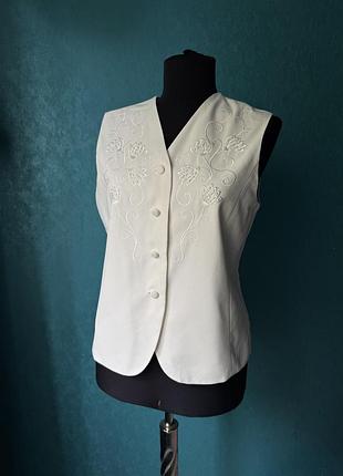 Вінтажний білий жилет із вишивкою та бісером, р. m/l (size 12) | ретро жилетка 80s-90s