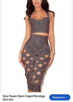 Юбка миди house of cb brandi bandage midi skirt бандажная серая коричневая тауп оригинал xs юбочка карандаш переплетения полоски
